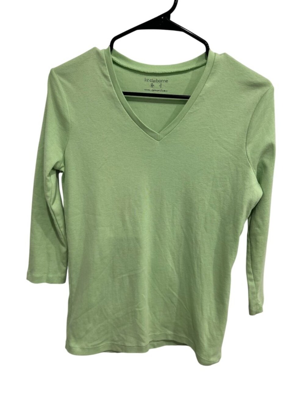 Liz Claiborne Green 3/4 Sleeve V-Neck Top Size Small Supima Cotton Minimalist